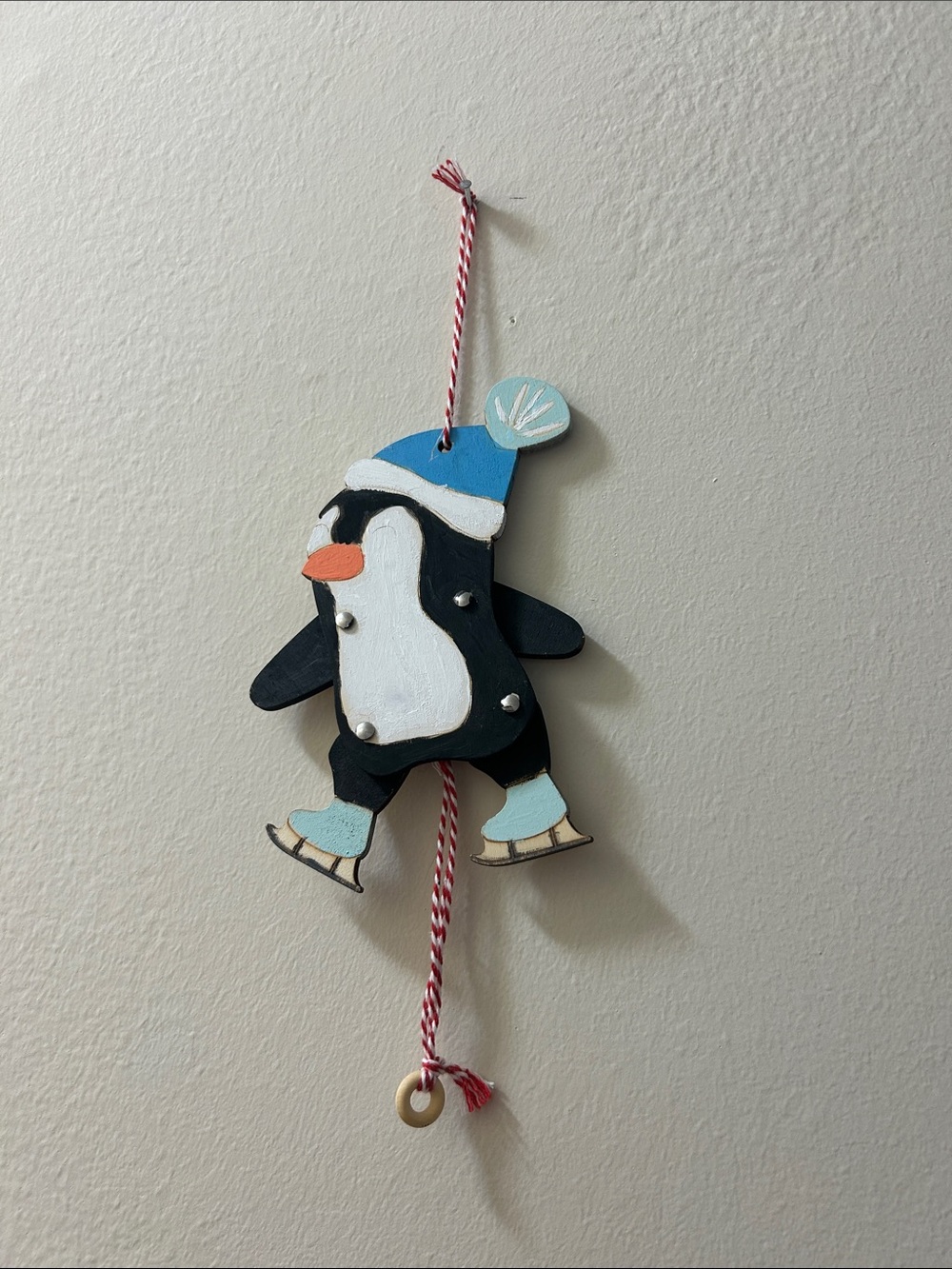 Hand Painted Wooden Penguin Pull String Christmas Ornament